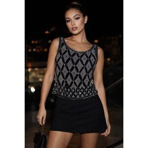 Beaded‎ Sequin Art Deco Top Black Silver Gatsby Y2K Glam Party Tank Crop Top SM